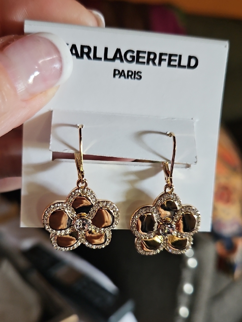 Karl Lagerfeld Gold Orchid And Crystal Drop Earrings - Picture 9 of 9